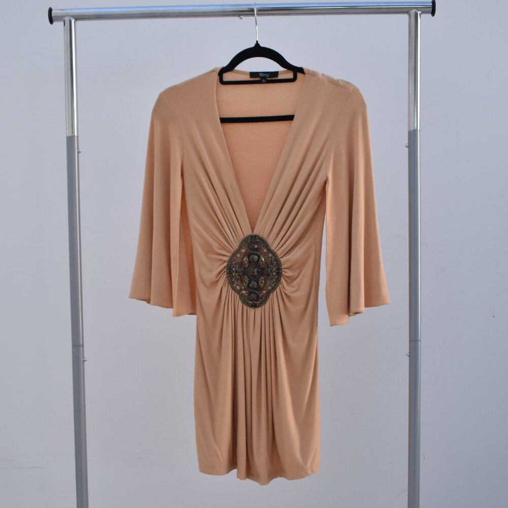 Sky Snake Embellished Draped Mini Dress – Deep V, Size S
